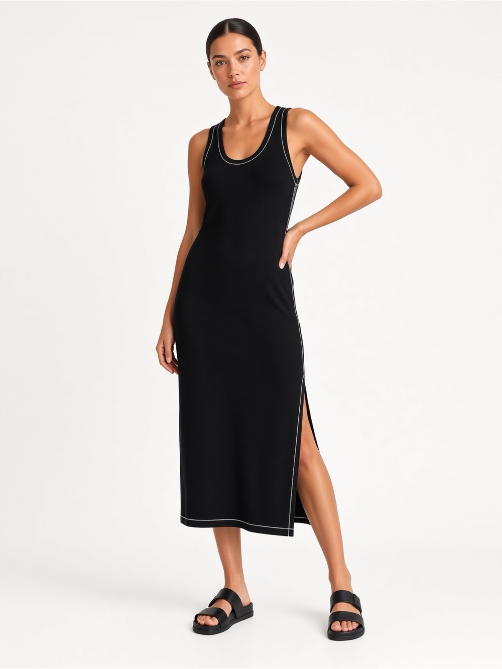 Rag & Bone Marlon tank midi dress in black with white stitching detail S.